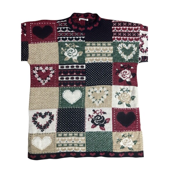 Vtg Adele Knitwear Pullover Sweater Hearts Roses Flowers Patchwork Quilt Design - Picture 2 of 5